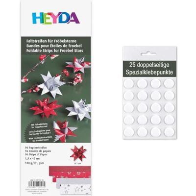 Heyda Faltstreifen für Fröbelsterne – 96 Streifen, 1,5×45 cm, beidseitig bedruckt – Bastelpapier Set für 24 Sterne – mit Anleitung – inklusive 25 Klebepunkte (rot/silber 1,5x45) Heyda Faltstreifen für Fröbelsterne – 96 Streifen, 1,5×45 cm, beidseitig bedruckt – Bastelpapier Set für 24 Sterne – mit Anleitung – inklusive 25 Klebepunkte (rot/silber 1,5x45)