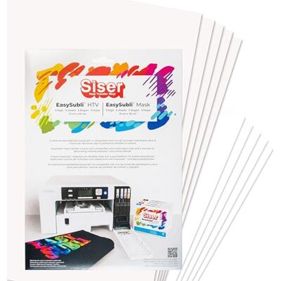 SISER Easy Subli Packung 5+5,thermo-transferierbare, mit Sublimationstinten bedruckbare Folie für helle und dunkle Textilien, 5 Blatt Easy Subli im A4-Format und 5 Blatt Application Tape im A4-Format SISER Easy Subli Packung 5+5,thermo-transferierbare, mit Sublimationstinten bedruckbare Folie für helle und dunkle Textilien, 5 Blatt Easy Subli im A4-Format und 5 Blatt Application Tape im A4-Format