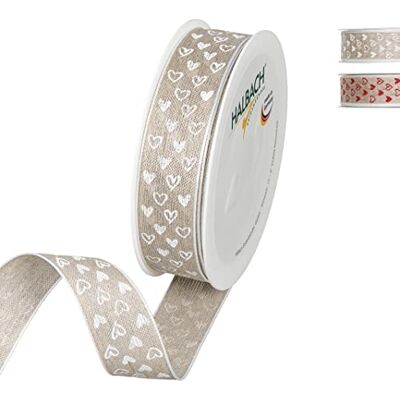 Halbach Seidenbänder bedruckes Leinenband Herzen mit Drahtkante, Geschenkband für Muttertag, Konfirmation oder Kommunion DIY Dekoartionsband., 25mm Halbach Seidenbänder bedruckes Leinenband Herzen mit Drahtkante, Geschenkband für Muttertag, Konfirmation oder Kommunion DIY Dekoartionsband., 25mm