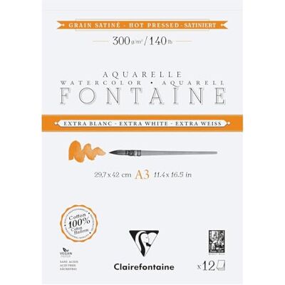 Clairefontaine 976028C Block Aquarellpapier Fontaine extraweiß satiniert, 2-seitig geleimt, 12 Bogen A3 300g, 1 Stück Clairefontaine 976028C Block Aquarellpapier Fontaine extraweiß satiniert, 2-seitig geleimt, 12 Bogen A3 300g, 1 Stück