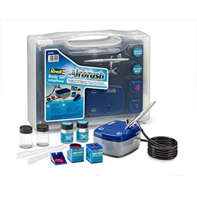 Revell Basic Set mit Kompressor, Airbrush Komplett-Set für Einsteiger mit Airbrushpistole, Kompressor, Acryfarben und weiterem Zubehör, Blau Revell Basic Set mit Kompressor, Airbrush Komplett-Set für Einsteiger mit Airbrushpistole, Kompressor, Acryfarben und weiterem Zubehör, Blau