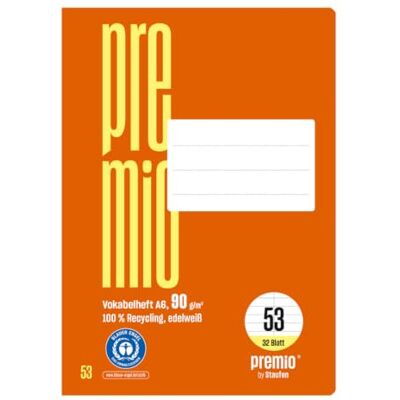 Staufen Premio Vokabelheft 5 Hefte à 32 Blatt, DIN A6, mit Mittellinie Lineatur 53, 100% Recyclingpapier, zertifiziert mit dem Blauen Engel, abgerundete Ecken, 90 g/m² Papier Staufen Premio Vokabelheft 5 Hefte à 32 Blatt, DIN A6, mit Mittellinie Lineatur 53, 100% Recyclingpapier, zertifiziert mit dem Blauen Engel, abgerundete Ecken, 90 g/m² Papier