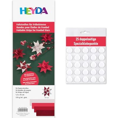 Heyda Faltstreifen für Fröbelsterne – 96 Streifen, 1,5×45 cm, 120 g/m² – beidseitig bedruckt – Bastelpapier Set für 24 Sterne – mit Anleitung – inklusive 25 Klebepunkte (rot 1,5x45cm) Heyda Faltstreifen für Fröbelsterne – 96 Streifen, 1,5×45 cm, 120 g/m² – beidseitig bedruckt – Bastelpapier Set für 24 Sterne – mit Anleitung – inklusive 25 Klebepunkte (rot 1,5x45cm)