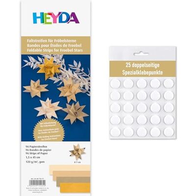 Heyda Faltstreifen für Fröbelsterne – 96 Streifen, 1,5×45 cm, 120 g/m² – beidseitig bedruckt – Bastelpapier Set für 24 Sterne – mit Anleitung – inklusive 25 Klebepunkte (gold 1,5x45cm) Heyda Faltstreifen für Fröbelsterne – 96 Streifen, 1,5×45 cm, 120 g/m² – beidseitig bedruckt – Bastelpapier Set für 24 Sterne – mit Anleitung – inklusive 25 Klebepunkte (gold 1,5x45cm)