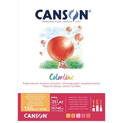 Canson Colorline, Farbiges Zeichenpapier, Zweiseitig: gekörnt und glatt, 150gsm, 92lb, An der kurzen Seite geleimter Block, A3-29,7x42cm, 5 verschiedene Farbtöne, 25 Blatt C31074P005 Canson Colorline, Farbiges Zeichenpapier, Zweiseitig: gekörnt und glatt, 150gsm, 92lb, An der kurzen Seite geleimter Block, A3-29,7x42cm, 5 verschiedene Farbtöne, 25 Blatt C31074P005