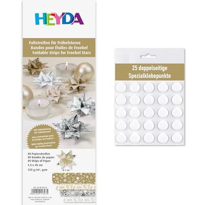 Heyda Faltstreifen für Fröbelsterne – 48 Streifen, 1,5×45 cm, 120 g/m² – beidseitig bedruckt – Bastelpapier Set für 12 Sterne – mit Anleitung – inklusive 25 Klebepunkten (silber-gold 1,5x45cm) Heyda Faltstreifen für Fröbelsterne – 48 Streifen, 1,5×45 cm, 120 g/m² – beidseitig bedruckt – Bastelpapier Set für 12 Sterne – mit Anleitung – inklusive 25 Klebepunkten (silber-gold 1,5x45cm)