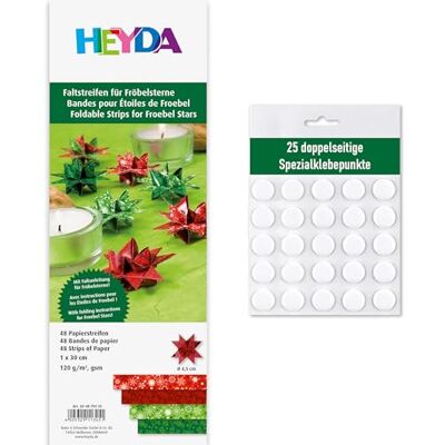 Heyda Faltstreifen für Fröbelsterne – 48 Streifen, 1 x 30 cm, 120 g/m² – beidseitig bedruckt – Bastelpapier Set für 12 Sterne – mit Anleitung – inklusive 25 Klebepunkten (rot-grün 1x30cm) Heyda Faltstreifen für Fröbelsterne – 48 Streifen, 1 x 30 cm, 120 g/m² – beidseitig bedruckt – Bastelpapier Set für 12 Sterne – mit Anleitung – inklusive 25 Klebepunkten (rot-grün 1x30cm)