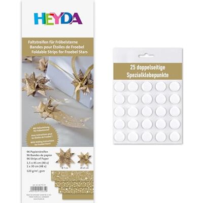 Heyda Faltstreifen für Fröbelsterne – 96 Streifen – beidseitig bedruckt – Bastelpapier Set für 24 Sterne – mit Anleitung – DIY, Origami, Basteln Inklusive 25 Klebepunkte (gold 1x30cm + 1,5x45cm) Heyda Faltstreifen für Fröbelsterne – 96 Streifen – beidseitig bedruckt – Bastelpapier Set für 24 Sterne – mit Anleitung – DIY, Origami, Basteln Inklusive 25 Klebepunkte (gold 1x30cm + 1,5x45cm)