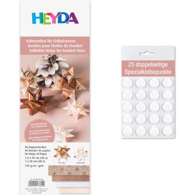 Heyda Faltstreifen für Fröbelsterne – 96 Streifen, beidseitig bedruckt – Bastelpapier Set für 24 Sterne – mit Anleitung – inklusive 25 Klebepunkte (kupfer/rosé 1x30cm + 1,5x45cm) Heyda Faltstreifen für Fröbelsterne – 96 Streifen, beidseitig bedruckt – Bastelpapier Set für 24 Sterne – mit Anleitung – inklusive 25 Klebepunkte (kupfer/rosé 1x30cm + 1,5x45cm)