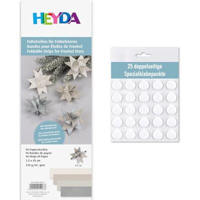 Heyda Faltstreifen für Fröbelsterne – 96 Streifen, 1,5×45 cm, 120 g/m² – beidseitig bedruckt – Bastelpapier Set für 24 Sterne – mit Anleitung – inklusive 25 Klebepunkte (silber 1,5x45cm) Heyda Faltstreifen für Fröbelsterne – 96 Streifen, 1,5×45 cm, 120 g/m² – beidseitig bedruckt – Bastelpapier Set für 24 Sterne – mit Anleitung – inklusive 25 Klebepunkte (silber 1,5x45cm)