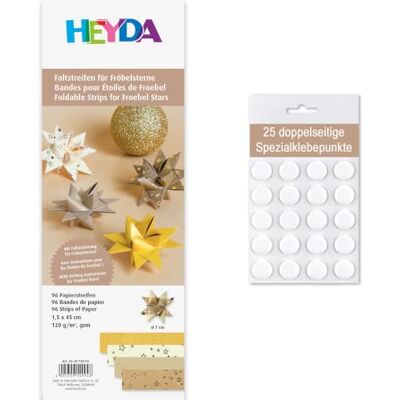 Heyda Faltstreifen für Fröbelsterne – 96 Streifen, 1,5×45 cm, beidseitig bedruckt – Bastelpapier Set für 24 Sterne – mit Anleitung – inklusive 25 Klebepunkte (natur/gold 1,5x45) Heyda Faltstreifen für Fröbelsterne – 96 Streifen, 1,5×45 cm, beidseitig bedruckt – Bastelpapier Set für 24 Sterne – mit Anleitung – inklusive 25 Klebepunkte (natur/gold 1,5x45)