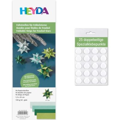 Heyda Faltstreifen für Fröbelsterne – 96 Streifen, 1,5×45 cm, beidseitig bedruckt – Bastelpapier Set für 24 Sterne – mit Anleitung – inklusive 25 Klebepunkte (grün 1,5x45) Heyda Faltstreifen für Fröbelsterne – 96 Streifen, 1,5×45 cm, beidseitig bedruckt – Bastelpapier Set für 24 Sterne – mit Anleitung – inklusive 25 Klebepunkte (grün 1,5x45)