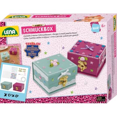 LENA Schmuckbox 2 Schmuckkästchen zum Gestalten, Bastelset ab 6 Jahren Mit Folien, Klebesteinen, Stoff, Perlenband, Spitze und Verschluss für zwei Boxen sowie bebilderter Anleitung zum Verzieren LENA Schmuckbox 2 Schmuckkästchen zum Gestalten, Bastelset ab 6 Jahren Mit Folien, Klebesteinen, Stoff, Perlenband, Spitze und Verschluss für zwei Boxen sowie bebilderter Anleitung zum Verzieren