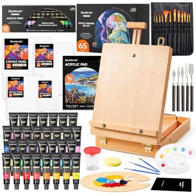 Shuttle 65 teiliger professioneller Malkoffer mit Tischstaffelei, 30 Acrylfarben Set, Leinwand, Pinsel, Palette, Schwamm, komplettem Zubehör, Malset für Kinder und Erwachsene geeignet Shuttle 65 teiliger professioneller Malkoffer mit Tischstaffelei, 30 Acrylfarben Set, Leinwand, Pinsel, Palette, Schwamm, komplettem Zubehör, Malset für Kinder und Erwachsene geeignet