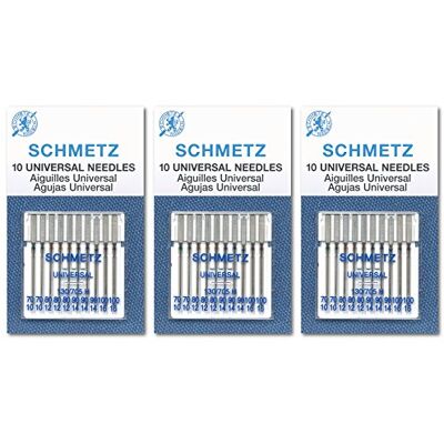 SCHMETZ Verschiedene Universal-Nähmaschinennadeln, drei Packungen mit jeweils 10 Stück, insgesamt 30 Nadeln, in den Größen 70, 80, 90 und 100 SCHMETZ Verschiedene Universal-Nähmaschinennadeln, drei Packungen mit jeweils 10 Stück, insgesamt 30 Nadeln, in den Größen 70, 80, 90 und 100
