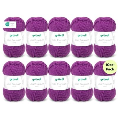 Gründl Wolle Lisa Premium uni Strickgarn 10 x 50 g, Purpur Garn zum Stricken Häkelgarn Weich und hautfreundlich 100 % Polyacryl Nadelstärke 3,5- 4,5 Gründl Wolle Lisa Premium uni Strickgarn 10 x 50 g, Purpur Garn zum Stricken Häkelgarn Weich und hautfreundlich 100 % Polyacryl Nadelstärke 3,5- 4,5