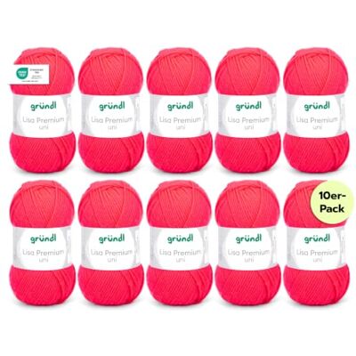 Gründl Wolle Lisa Premium uni Strickgarn 10 x 50 g, Neonkoralle Garn zum Stricken Häkelgarn Weich und hautfreundlich 100 % Polyacryl Nadelstärke 3,5- 4,5 Gründl Wolle Lisa Premium uni Strickgarn 10 x 50 g, Neonkoralle Garn zum Stricken Häkelgarn Weich und hautfreundlich 100 % Polyacryl Nadelstärke 3,5- 4,5