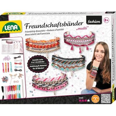 Lena 42117 Bastelset Multi Freundschaftsbänder groß, Komplettset mit 240 Perlen, Satinbänder, Garne, Kordeln, Ketten und Verschlüsse, Knüpfset für Kinder ab 8 Jahre, Flechtset für 4 Armbänder 5in1 Lena 42117 Bastelset Multi Freundschaftsbänder groß, Komplettset mit 240 Perlen, Satinbänder, Garne, Kordeln, Ketten und Verschlüsse, Knüpfset für Kinder ab 8 Jahre, Flechtset für 4 Armbänder 5in1