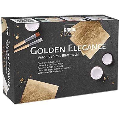 KREUL 99410 Golden Elegance Vergolden mit Blattmetall, Anlegemilch, Überzugslack, Pinseln, zum Veredeln von Deko-Objekten im Innenbereich wie Bilderrahmen, Holzteilen, Karten KREUL 99410 Golden Elegance Vergolden mit Blattmetall, Anlegemilch, Überzugslack, Pinseln, zum Veredeln von Deko-Objekten im Innenbereich wie Bilderrahmen, Holzteilen, Karten