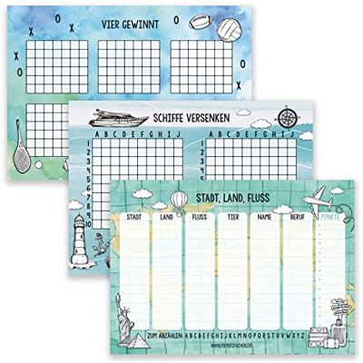 Papierdrachen 3 Spielblöcke für Kinder: Stadt Land Fluss, Schiffe versenken, Vier gewinnt für Zug und Autofahrt jeweils 50 Blatt auf hochwertigem Papier Set Nummer 9 Reisespiel DIN A5 Papierdrachen 3 Spielblöcke für Kinder: Stadt Land Fluss, Schiffe versenken, Vier gewinnt für Zug und Autofahrt jeweils 50 Blatt auf hochwertigem Papier Set Nummer 9 Reisespiel DIN A5
