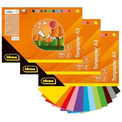 Idena 90258 Tonpapier DIN A3, 3 Blöcke mit je 12 Blatt Bastelpapier in 12 strahlend schönen Farben, 150 g/m², FSC-Mix Idena 90258 Tonpapier DIN A3, 3 Blöcke mit je 12 Blatt Bastelpapier in 12 strahlend schönen Farben, 150 g/m², FSC-Mix