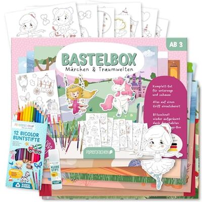 Papierdrachen Bastelbox Märchen & Traumwelten – Komplett-Set -inkl. Stanzbögen u. Hintergründen – 12 Bicolor-Farbstifte Klebestift Aufbewahrungsbox kreatives Lernen Papierdrachen Bastelbox Märchen & Traumwelten – Komplett-Set -inkl. Stanzbögen u. Hintergründen – 12 Bicolor-Farbstifte Klebestift Aufbewahrungsbox kreatives Lernen