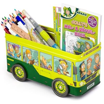 JOLLY Schulbus Schulset, 38-teilig, Buntstifte, Fasermaler, Lineal, Geodreieck, Wasserpinsel, Malbuch, Sticker, Spardose, Schulanfang Geschenk für Kinder, Kreativset JOLLY Schulbus Schulset, 38-teilig, Buntstifte, Fasermaler, Lineal, Geodreieck, Wasserpinsel, Malbuch, Sticker, Spardose, Schulanfang Geschenk für Kinder, Kreativset