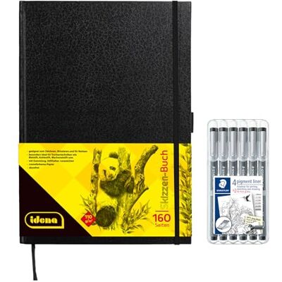 Idena 90345 Skizzenbuch DIN A4 mit 160 Seiten, blanko, inkl. 6 STAEDTLER Fineliner pigment liner mit metallgefasster Spitze in 6 Linienbreiten Idena 90345 Skizzenbuch DIN A4 mit 160 Seiten, blanko, inkl. 6 STAEDTLER Fineliner pigment liner mit metallgefasster Spitze in 6 Linienbreiten
