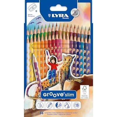 LYRA Groove Slim, Holzfarbstifte, dreiflächig, lackiert, Mine 3,3 mm, Kartonetui, 36 sortierte Farben, mit Spitzer LYRA Groove Slim, Holzfarbstifte, dreiflächig, lackiert, Mine 3,3 mm, Kartonetui, 36 sortierte Farben, mit Spitzer