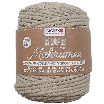 GLOREX 5 1007 12 Makramee Rope 5 mm, superweiches Textilgarn aus 60 % Baumwolle / 40 % Viskose, zum Häkeln, Stricken, Knüpfen und textilen Gestalten, 500 g, ca. 85 m, gedreht taupe GLOREX 5 1007 12 Makramee Rope 5 mm, superweiches Textilgarn aus 60 % Baumwolle / 40 % Viskose, zum Häkeln, Stricken, Knüpfen und textilen Gestalten, 500 g, ca. 85 m, gedreht taupe