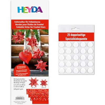 Heyda Faltstreifen für Fröbelsterne – 96 Streifen, 120 g/m² – beidseitig bedruckt – Bastelpapier Set für 24 Sterne – mit Anleitung – inklusive 25 Klebepunkten (rot 1x30cm + 1,5x45cm) Heyda Faltstreifen für Fröbelsterne – 96 Streifen, 120 g/m² – beidseitig bedruckt – Bastelpapier Set für 24 Sterne – mit Anleitung – inklusive 25 Klebepunkten (rot 1x30cm + 1,5x45cm)