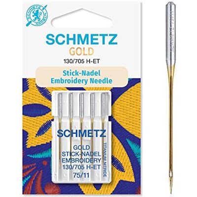 SCHMETZ Nähmaschinen-Nadeln, 89 Größen, 3 Stück + 1 Nadeleinfädler , Single Packet, Gold Embroidery 75/11 + Threader SCHMETZ Nähmaschinen-Nadeln, 89 Größen, 3 Stück + 1 Nadeleinfädler , Single Packet, Gold Embroidery 75/11 + Threader