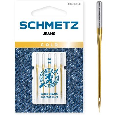 SCHMETZ Gold Jeans 90/14 5 Nähmaschinennadeln 130/705 H-JT geeignet für Jeans und ähnliche Stoffe für alle gängigen Haushaltsnähmaschinen SCHMETZ Gold Jeans 90/14 5 Nähmaschinennadeln 130/705 H-JT geeignet für Jeans und ähnliche Stoffe für alle gängigen Haushaltsnähmaschinen