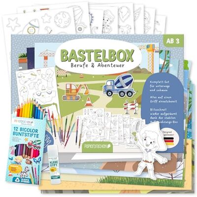 Papierdrachen Bastelbox Berufe & Abenteuer – Komplett-Set -inkl. Stanzbögen u. Hintergründen – 12 Bicolor-Farbstifte Klebestift Aufbewahrungsbox kreatives Lernen Papierdrachen Bastelbox Berufe & Abenteuer – Komplett-Set -inkl. Stanzbögen u. Hintergründen – 12 Bicolor-Farbstifte Klebestift Aufbewahrungsbox kreatives Lernen