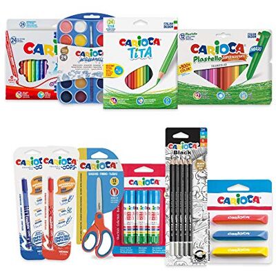 CARIOCA Back to School Schreibwaren-Set mit Bunt- und Graphitstiften, Aquarellfarben mit Pinsel, Markern, radierbaren Stiften, Wachsstiften, Radiergummis, Scheren und Klebestiften, 100 Stück CARIOCA Back to School Schreibwaren-Set mit Bunt- und Graphitstiften, Aquarellfarben mit Pinsel, Markern, radierbaren Stiften, Wachsstiften, Radiergummis, Scheren und Klebestiften, 100 Stück