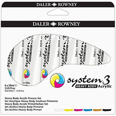 Daler Rowney Daler-Rowney System3, Acrylfarbe, Kunststoffkanister, dickflüssig, 59 ml, Kartonschachtel, Starterset, 6 Farben sortiert Daler Rowney Daler-Rowney System3, Acrylfarbe, Kunststoffkanister, dickflüssig, 59 ml, Kartonschachtel, Starterset, 6 Farben sortiert