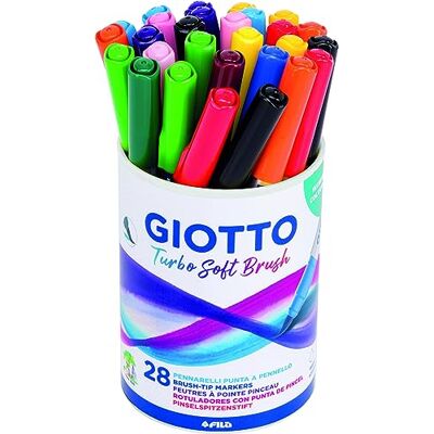 GIOTTO Turbo Soft Brush, Fasermaler mit weicher Pinselspitze, Metalldose, wasserlöslich, sortierte Farben, 28 Stück GIOTTO Turbo Soft Brush, Fasermaler mit weicher Pinselspitze, Metalldose, wasserlöslich, sortierte Farben, 28 Stück