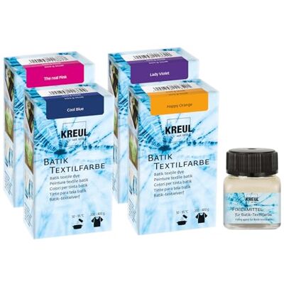 KREUL 35604-98598 Batik-Textilfarbe 4er Set Trendfarben + 20 ml Fixiermittel, Stofffarbe zum Färben und Batiken von Textilien, Pink, Violett, Blue, Orange KREUL 35604-98598 Batik-Textilfarbe 4er Set Trendfarben + 20 ml Fixiermittel, Stofffarbe zum Färben und Batiken von Textilien, Pink, Violett, Blue, Orange