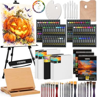 VISWIN Professionelles All-in-One Malset mit Tischstaffelei und Aluminium Staffelei, 96 Acrylfarben, Aquarell & Ölfarben Set, Leinwände, Mal Set für Erwachsene, Künstler, Anfänger VISWIN Professionelles All-in-One Malset mit Tischstaffelei und Aluminium Staffelei, 96 Acrylfarben, Aquarell & Ölfarben Set, Leinwände, Mal Set für Erwachsene, Künstler, Anfänger