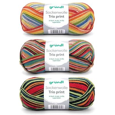 Gründl Wolle Sockenwolle Trio 3 Knäuel 100 g, bunte streifen Strickgarn für 3 Paar Socken Strapazierfähig und hautfreundlich 75 % Schurwolle, 25 % Polyamid 100 g / 420 m Gründl Wolle Sockenwolle Trio 3 Knäuel 100 g, bunte streifen Strickgarn für 3 Paar Socken Strapazierfähig und hautfreundlich 75 % Schurwolle, 25 % Polyamid 100 g / 420 m