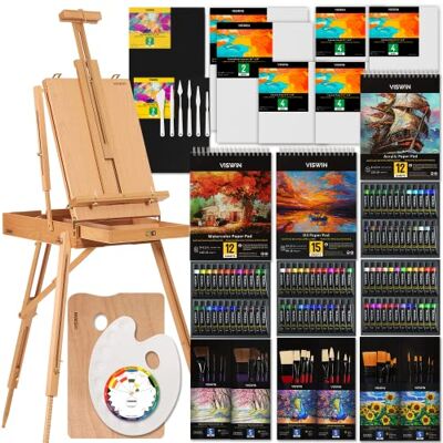 VISWIN Professionelles All-in-One Malset mit Feld und Aluminium Staffelei, 96 Acrylfarben, Aquarell & Ölfarben Set, Leinwände, Mal Set für Erwachsene, Künstler, Anfänger VISWIN Professionelles All-in-One Malset mit Feld und Aluminium Staffelei, 96 Acrylfarben, Aquarell & Ölfarben Set, Leinwände, Mal Set für Erwachsene, Künstler, Anfänger
