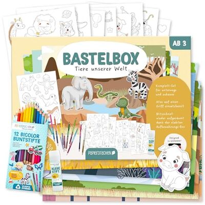 Papierdrachen Bastelbox Tiere unserer Welt – Komplett-Set -inkl. Stanzbögen u. Hintergründen – 12 Bicolor-Farbstifte Klebestift Aufbewahrungsbox kreatives Lernen Papierdrachen Bastelbox Tiere unserer Welt – Komplett-Set -inkl. Stanzbögen u. Hintergründen – 12 Bicolor-Farbstifte Klebestift Aufbewahrungsbox kreatives Lernen