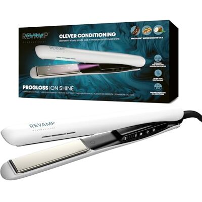 REVAMP Progloss Ion Shine Keramik-Glätteisen mit Ionen-Technologie für jederzeit frizzfreie Ergebnisse, angereichert mit Progloss Smooth Keratin, Argan- und Kokosöl, verschiedene Hitzestufen, Weiß REVAMP Progloss Ion Shine Keramik-Glätteisen mit Ionen-Technologie für jederzeit frizzfreie Ergebnisse, angereichert mit Progloss Smooth Keratin, Argan- und Kokosöl, verschiedene Hitzestufen, Weiß