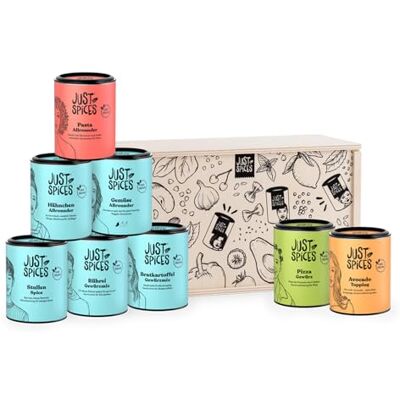 Just Spices Top 8 Gewürze-Set in Holzbox I 8 verschiedene Gewürzmischungen I Von Frühstück bis Dinner: Einfach lecker kochen I Geschenkset für jeden Geschmack Just Spices Top 8 Gewürze-Set in Holzbox I 8 verschiedene Gewürzmischungen I Von Frühstück bis Dinner: Einfach lecker kochen I Geschenkset für jeden Geschmack
