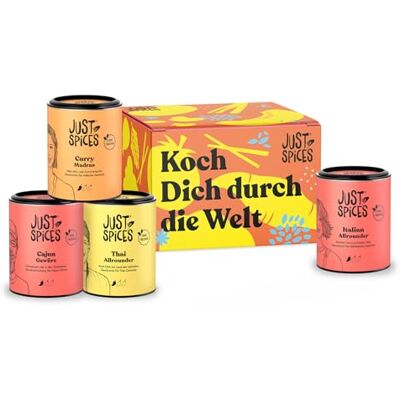 Just Spices Fernweh Geschenkbox I Geschenkset mit 4 Gewürzdosen I Für leckere Gerichte aus aller Welt I Geschenk für Reiseliebhaber Just Spices Fernweh Geschenkbox I Geschenkset mit 4 Gewürzdosen I Für leckere Gerichte aus aller Welt I Geschenk für Reiseliebhaber