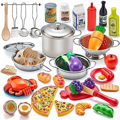 Kidsciety Pretend Play Kitchen Accessories, 52pc Kids Kitchen Playset with Play Food, Stainless Steel Cookware, Toys Pots and Pans, Toddler Toy Set with Cuttable Toy Food, Boys Girls Gift Kidsciety Pretend Play Kitchen Accessories, 52pc Kids Kitchen Playset with Play Food, Stainless Steel Cookware, Toys Pots and Pans, Toddler Toy Set with Cuttable Toy Food, Boys Girls Gift