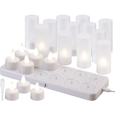 Lunartec LED-Teelichter Akkus: 24er-Set Akku-LED-Teelichter mit Kunststoff-Dekogläsern & Ladestation (Elektrische mit, mit Langer Leuchtdauer, Flamme) Lunartec LED-Teelichter Akkus: 24er-Set Akku-LED-Teelichter mit Kunststoff-Dekogläsern & Ladestation (Elektrische mit, mit Langer Leuchtdauer, Flamme)