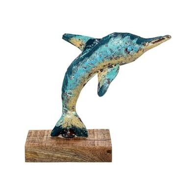 DRW Delfin Figur aus Metall mit Holzsockel in Blau, Grün und Gelb, 27 x 10 x 23 cm DRW Delfin Figur aus Metall mit Holzsockel in Blau, Grün und Gelb, 27 x 10 x 23 cm