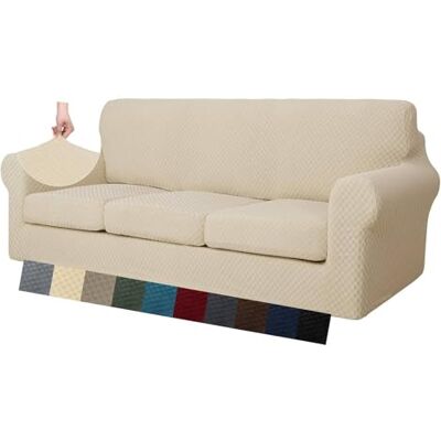MAXIJIN Stretch Sofabezug Thick Couchbezug mit Separatem 3 Kissenbezügen Jacquard-Karo Schonbezug Sofa Wohnzimmer mit Elastische Bänder und Schaumstoffstäbe (4 Sitzer, Hell Beige) MAXIJIN Stretch Sofabezug Thick Couchbezug mit Separatem 3 Kissenbezügen Jacquard-Karo Schonbezug Sofa Wohnzimmer mit Elastische Bänder und Schaumstoffstäbe (4 Sitzer, Hell Beige)
