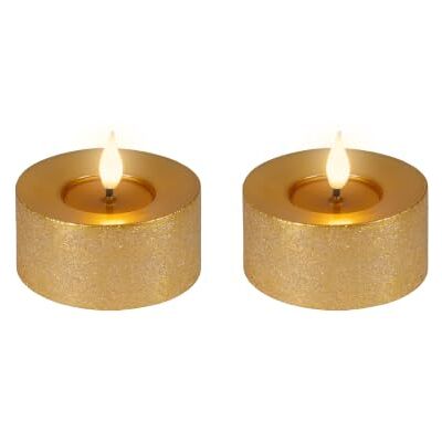 Lumineo LED Kerzen 6x7,5cm Timer Wachs 2 Stück Flacker-Effekt Gold Warmweiß Timerfunktion Echtwachskerze batteriebetrieben Realistische Docht-Teelicht mit Flacker-Effekt Wachskerze Stumpenkerze Lumineo LED Kerzen 6x7,5cm Timer Wachs 2 Stück Flacker-Effekt Gold Warmweiß Timerfunktion Echtwachskerze batteriebetrieben Realistische Docht-Teelicht mit Flacker-Effekt Wachskerze Stumpenkerze